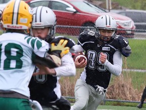 Jonah Gibson (89) of the Sudbury Spartans U16 team makes a run with the ball during action against the Etobicoke Eagles at James Jerome Sports Complex on Saturday May 20, 2023
