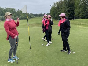 Tamara Collins, from left, Karen MacGregor, Patricia Ferrari, and Rosemary Quinn enjoy a round of golf