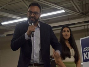 Federal Conservative candidate Arpan Khanna addresses a crowd of supporters in Woodstock after taking the lead over the Liberal candidate in the Oxford byelection on Monday, June 19, 2023. (Calvi Leon/The London Free Press)
