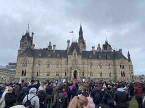 Federal public servants gather on Parliament Hill in front of the West Block during the recent Public Service Alliance of Canada (PSAC) strike.