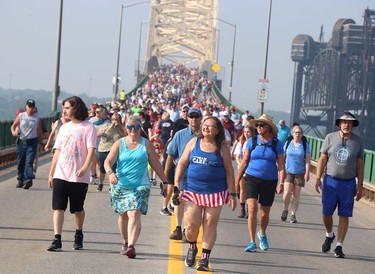 Lorena Dickey, of Lake, Mich., and Robin Mosher, of Marion, Mich., participate in International Bridge Walk on Saturday, June 24, 2023 in Sault Ste. Marie, Ont. (BRIAN KELLY/THE SAULT STAR/POSTMEDIA NETWORK)