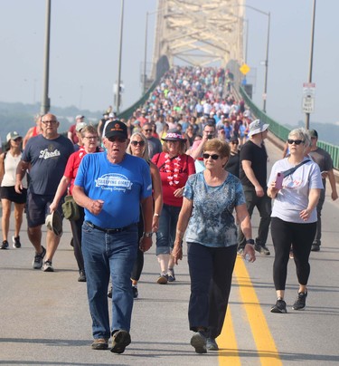 John Goertzen and Linda Vardy, both wearing sunglasses, at International Bridge Walk on Saturday, June 24, 2023 in Sault Ste. Marie, Mich. (BRIAN KELLY/THE SAULT STAR/POSTMEDIA NETWORK)