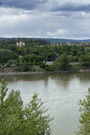Downtown Prince George as seen from across the Fraser River at LC Gunn Park.