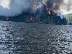 Huge smoke cloud above out-of-control fire on Centennial Lake.