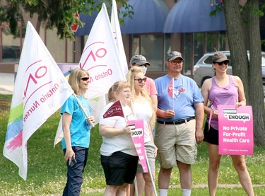Ontario Federation of Labour joined with unions and community organizations for Enough is Enough, a province-wide day of action with events in cities across Ontario, including a rally at Memorial Park in Sudbury, on Saturday, June 3, 2023. Unions, workers, community members and politicians protested against privatization in healthcare and education and called for better staffing and wages, rent control and affordable housing, affordable groceries, gas and basic goods, and for banks and corporations to "pay their fair share." For more information, visit www.ofl.ca. Ben Leeson/The Sudbury Star/Postmedia Network