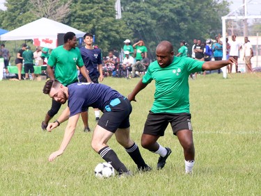 Soccer players from the Nigerian Community Association of Greater Sudbury took on members of the Greater Sudbury Police Service in a friendly game of soccer at Ecole secondaire du Sacre-Coeur in Sudbury on Saturday, June 24, 2023. The Nigerian Community Association is a non-profit organization with the primary objective of bringing together Nigerian residents in Greater Sudbury and building relationships in the community to strengthen the quality of life for the Nigerian Sudburian population. Saturday's event began with an exhibition between men's and women's teams, then continued with speeches and team photos before the Nigerian and GSPS squads squared off.