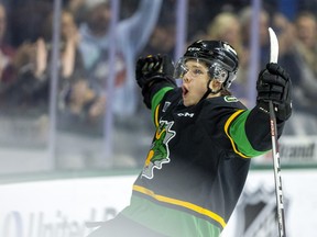 Easton Cowan of the London Knights celebrates his goal in front of the Guelph bench after tying the Nov. 29, 2022 game at Budweiser Gardens 2-2 with only three seconds left in the first period. (Mike Hensen/The London Free Press)