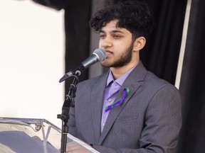 Afzaal relative Esa Islam speaks at a memorial service to mark two years since the fatal hit-and-run that killed four members of the family.  Photo taken on June 6, 2023. (Mike Hensen/The London Free Press)