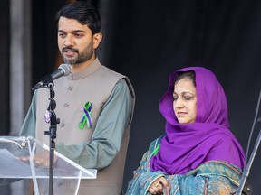 Ashar and Arjumand Salman, brother and sister of Madiha Salman, speak at the memorial to mark two years since the hit-and-run that killed her, her daughter, husband and mother-in-law in London. Photo taken on June 6, 2023. Mike Hensen/The London Free Press
