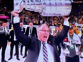 Turkey Point's John Stevens lifts the Stanley Cup after winning it as an assistant coach with the Vegas Golden Knights. Submitted