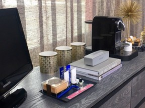 Ikea bedroom Nespresso coffee books TV