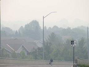 A man walks up Centennial Drive as smoke from wildfires in Quebec and Ontario filled the sky