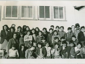 In this archival photo, students are shown at the Cote Indian day school in 1946. These schools had the same goal as residential schools: erasing Indigenous language and culture.