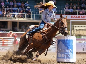 Shelby Spielman from Ponoka competed in the ladies barrel racing event during 2022 Calgary Stampede. Barrel racing events are continuing in the Mayerthorpe area, part of the Bohnet’s Barrel Barn Saddle Series.