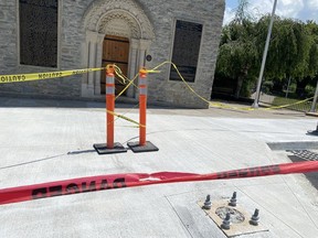 A pedestrian crossover is being installed in front of the Carillon Tower - Norfolk War Memorial in downtown Simcoe.
