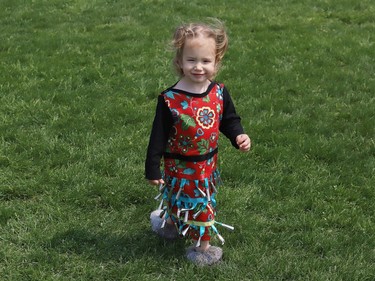 Adalee Brunet, 2, takes part in a pow wow at St. Charles College in Sudbury, Ont. on Tuesday June 6, 2023. Students from 15 elementary and secondary schools from the Sudbury Catholic District School Board participated. The cultural event featured traditional dancing, regalia, cultural teachings and authentic Anishinaabe food. John Lappa/Sudbury Star/Postmedia Network