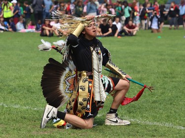 Avery Ense takes part in a pow wow at St. Charles College in Sudbury, Ont. on Tuesday June 6, 2023. Students from 15 elementary and secondary schools from the Sudbury Catholic District School Board participated. The cultural event featured traditional dancing, regalia, cultural teachings and authentic Anishinaabe food. John Lappa/Sudbury Star/Postmedia Network
