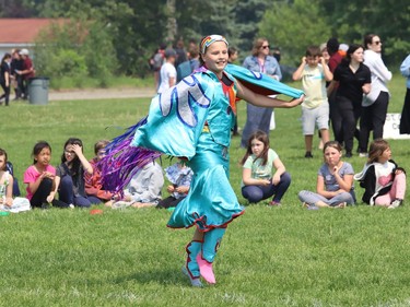 A dancer takes part in a pow wow at St. Charles College in Sudbury, Ont. on Tuesday June 6, 2023. Students from 15 elementary and secondary schools from the Sudbury Catholic District School Board participated. The cultural event featured traditional dancing, regalia, cultural teachings and authentic Anishinaabe food. John Lappa/Sudbury Star/Postmedia Network