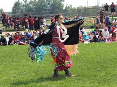 A dancer takes part in a pow wow at St. Charles College in Sudbury, Ont. on Tuesday June 6, 2023. Students from 15 elementary and secondary schools from the Sudbury Catholic District School Board participated. The cultural event featured traditional dancing, regalia, cultural teachings and authentic Anishinaabe food. John Lappa/Sudbury Star/Postmedia Network