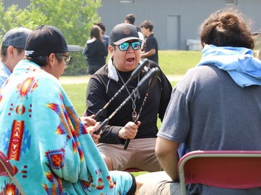 Drummers take part in a pow wow at St. Charles College in Sudbury, Ont. on Tuesday June 6, 2023. Students from 15 elementary and secondary schools from the Sudbury Catholic District School Board participated. The cultural event featured traditional dancing, regalia, cultural teachings and authentic Anishinaabe food. John Lappa/Sudbury Star/Postmedia Network