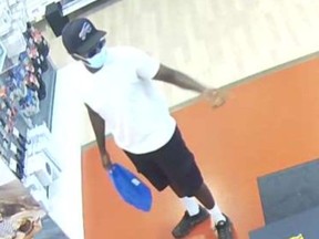 St. Thomas released this image of a suspect who threatened employees at a store and stole merchandise on July 21, 2022. (St. Thomas police photo)