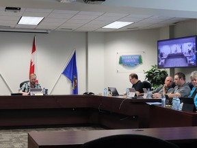 At Woodlands council chambers, (l-r) Reeve Dave Kusch chaired the meeting including Whitecourt West Coun. John Burrows, Blue Ridge Coun. Bruce Prestidge, Fort Assiniboine/Timeu Coun. Devin Williams and Executive Assistant Lisa Brown.