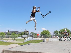 Whitecourt youth Elijah Stephens demonstrated a jump with his scooter at the Whitecourt Skate Park during Skate Jam '23.