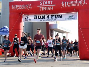 Participants embarked on the 10-kilometre Run 4 Fun from the Allan and Jean Millar Centre Saturday morning. Off to races were (l-r) Richelle Ullyot, Jasmine Lanctot, Katie Charko, all from Whitecourt, Fergus McPhee of Edson, Mia Vanderwolf and Kim Ratzlaff.