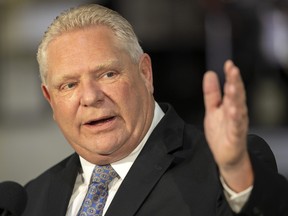 Premier Doug Ford speaks during an event in London, Ont., on May 24, 2023.