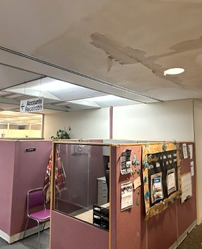 This is an example of the water damage caused to work spaces at the Civic Center following a large rainfall on the weekend.  PHOTO Handout