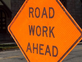 Construction sign reading "road work ahead"