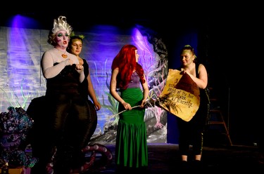 One of Disney’s best villains is portrayed by one of Kirkland Lake’s best actors, as evil sea witch Ursula (Melinda Robin) and her minion eels Hailey, left, and Heidi Bennett sign a deal with Ariel (Amélie Fournier) in Disney’s The Little Mermaid Jr. which took the stage at The LaSalle Theatre July 14-16. PERRY KONG/FOR NORTHERN NEWS