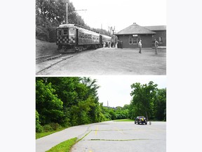 A historical photo of a Lake Erie & Northern Railway train at the station in Simcoe, Ontario accompanied by a present-day photo of the site, is featured in a new book by Trevor Parkins-Sciberras.