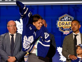 Easton Cowan, a London Knights player and Mt. Brydges native, was selected by the Toronto Maple Leafs in the first round with the 28th overall pick of the 2023 NHL Draft at Bridgestone Arena on June 28, 2023 in Nashville. (Photo by Bruce Bennett/Getty Images)