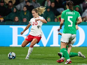 Canada forward Cloe Lacasse (20) crosses the ball during the Australia and New Zealand 2023 Women's World Cup Group B football match between Canada and Ireland at Perth Rectangular Stadium in Perth on July 26, 2023.