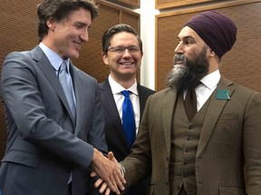 (L) Liberal Prime Minister Justin Trudeau, (C) Conservative Leader Pierre Poilievre and (R) NDP Leader Jagmeet Singh.