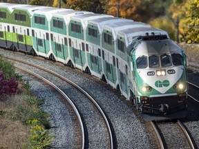 A Go Train arrives in Toronto on Thursday October 27, 2022. [Photo Peter J. Thompson/ National Post]
