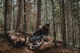 Person mountain biking through a forested trail.