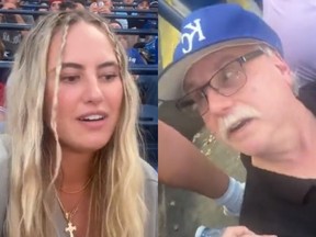 Screenshots of young woman and older man at Blue Jays game at Rogers Centre.