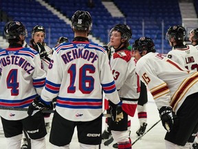 Koehn Ziemmer, centre, (player 13 for the Prince George Cougars) participated in a CHL/NHL Top Prospects game in Langley, B.C., on Tuesday, Jan. 24.