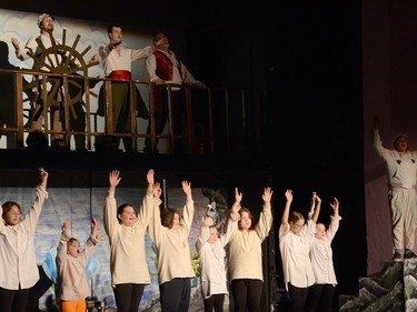 Part of the 26-member cast and crew opened with the ship scene singing Fathoms Below for Disney's Little Mermaid Jr. at The LaSalle Theatre with full seats and sales from July 14-16. Top, from left, Nick Potts (Pilot), Noah Kazur (Prince Eric) and Peter Law (Grimsby). Bottom, from left, Lilian Lamothe, Willow Robin, Sophie Morrissette, Ethan Charron, Betheny Bragg, Bella Jackson, Vivian Peters, Holly Bennett and Oliver Danchuk, as Scuttle. PERRY KONG/FOR NORTHERN NEWS