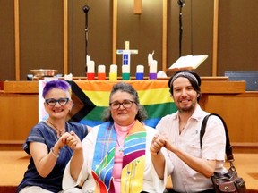 L-r, Mx Sam Crosby, Reverend Takouhi Demirdjian-Petro and soloist B Heaslip participated in the special service held at Grace United Church to usher in Pride Week in Gananoque. This was the first Pride service ever held in that sanctuary. Lorraine Payette/for Postmedia Network