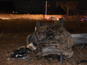 This photo of a damaged vehicle was included in a Special Investigations Unit report into a March 30, 2023 rollover along Hwy. 401 near Ingersoll that badly injured a driver. (Special Investigations Unit)