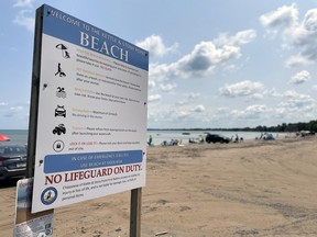 Beach safety sign at Ipperwash Beach near Sarnia