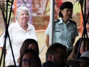 Heather Martin, left, and Tania Lee look on at a fundraising breakfast in Point Edward for Sarnia-Lambton supportive housing Saturday July 15, 2023.