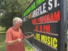 Downtown Simcoe BIA is continuing its Downtown Friday Nights events on Argyle St. The July 7 event features a variety of entertainment, food, vendors and children's programs. Bill Csinos of Magnet Signs places a sign in Lynnwood Park promoting the upcoming event. NORFOLK & TILLSONBURG NEWS STAFF
