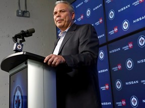 Winnipeg Jets general manager Kevin Cheveldayoff meets with the media on Sunday, April 30, 2023.