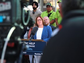 Manitoba Premier Heather Stefanson speaks during a news conference announcing $10 million to address crime in downtown Winnipeg on Thursday, July 6.