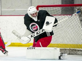 Jakub Vondras makes a blocker save during the Carolina Hurricanes' development camp in July 2023. Vondras has signed to play for the Sudbury Wolves in 2023-24.