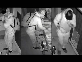 Man caught on surveillance video breaking and entering into a business on Weller Avenue in Kingston, Ont., on Sunday, June 25, 2023. (Supplied by the Kingston Police)